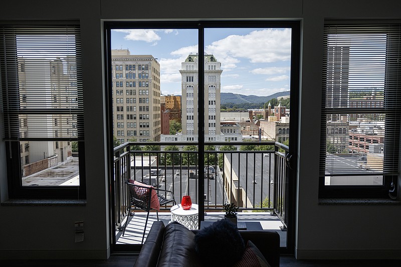 The Market Street facing view from the balcony of a new apartment building at 728 Market Street is seen on Thursday, Sept. 7, 2017, in Chattanooga, Tenn. The nearly-completed building will house 125 residential units.