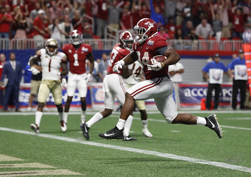 Alabama junior tailback Damien Harris reaches the end zone from 11 yards out during last Saturday's 24-7 win over Florida State.