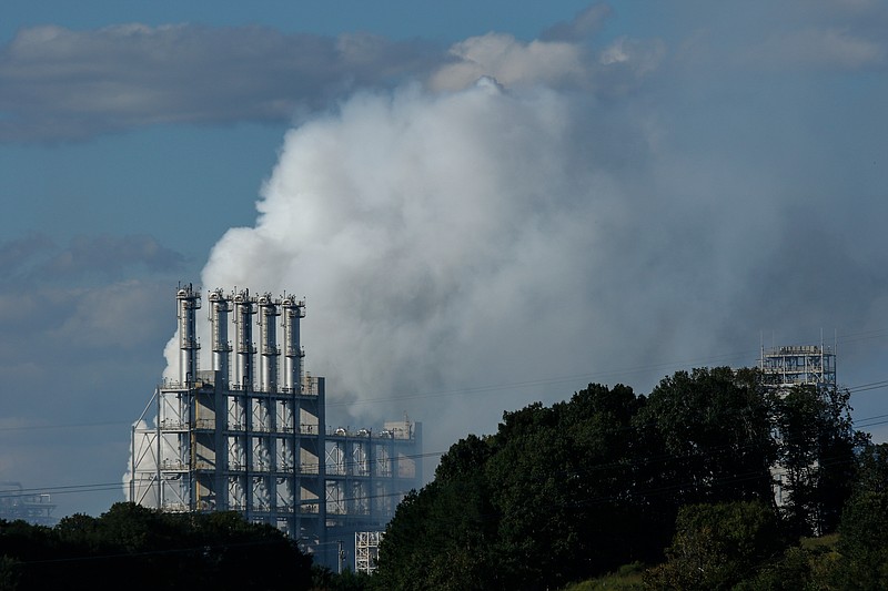 Clouds billow from the Wacker polysilicon chemical plant after an explosion released a hydrogen chemical gas on Thursday, Sept. 7, 2017, in Charleston, Tenn. The explosion closed the plant, but a statement from Wacker says air quality was unaffected.