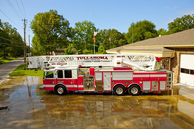 The Tullahoma Fire Department in Coffee County, Tenn., recently improved its ISO rating from 3 to 2, placing the small department among the top 3 percent in the state. Here, the department's new KME "AerialCat" fire truck dries in the sun after being washed.