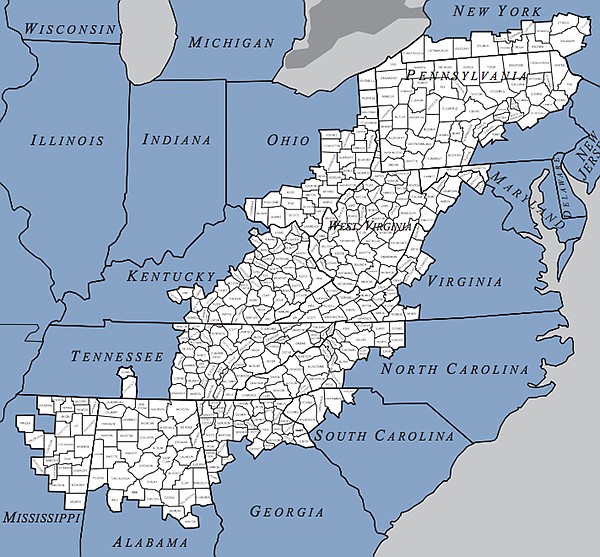 Appalachia encompasses 420 counties in 13 states: New York, Pennsylvania, Ohio, West Virginia, Virginia, Maryland, North Carolina, South Carolina, Kentucky, Tennessee, Georgia, Alabama and Mississippi.
