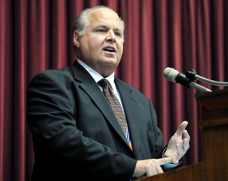 
              FILE - This May 14, 2012 file photo shows conservative commentator Rush Limbaugh speaking during a ceremony inducting him into the Hall of Famous Missourians in the state Capitol in Jefferson City, Mo. Limbaugh has created a storm of his own by suggesting that the "panic" caused by Hurricane Irma benefits retailers, the media and politicians who are seeking action on climate change. Al Roker, the "Today" show weatherman, said on Wednesday, Sept. 6, 2017, that Limbaugh was putting people's lives at risk. (AP Photo/Julie Smith, File)
            