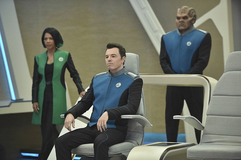 
              This image released by Fox shows, from left, Penny Johnson Jerald, Seth MacFarlane and Peter Macon in a scene from "The Orville," premiering Sept. 10, on Fox. (Michael Becker/Fox via AP)
            