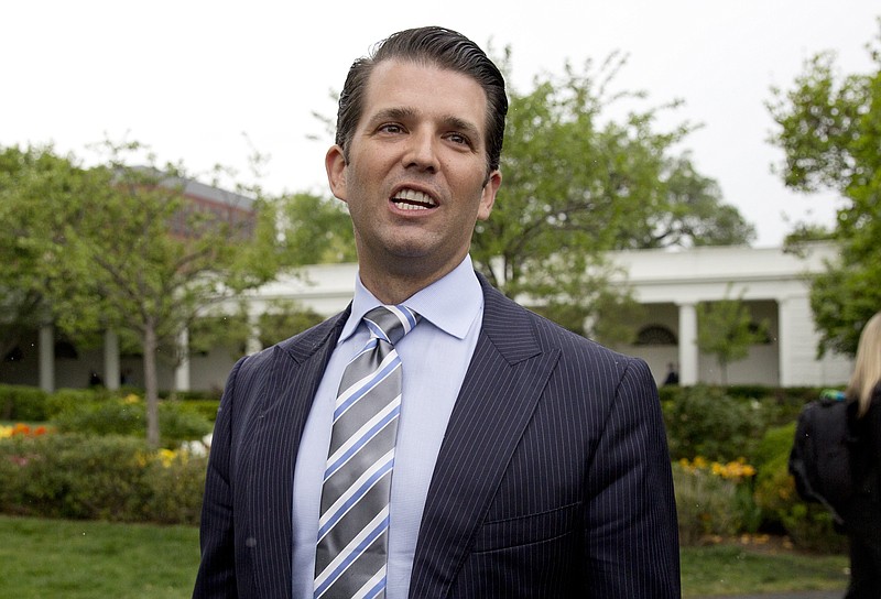 
              In this April 17, 2017 file photo, Donald Trump Jr., the son of President Donald Trump, speaks to media on the South Lawn of the White House in Washington.  Donald Trump Jr.'s scheduled visit to Capitol Hill on Thursday marks a new phase in the Senate investigation of Moscow's meddling in the 2016 election and a meeting that the president's eldest son had with Russians during the campaign.  Staff from the Senate Judiciary Committee _ one of three congressional committees conducting investigations _ plan to privately interview the younger Trump. (AP Photo/Carolyn Kaster)
            