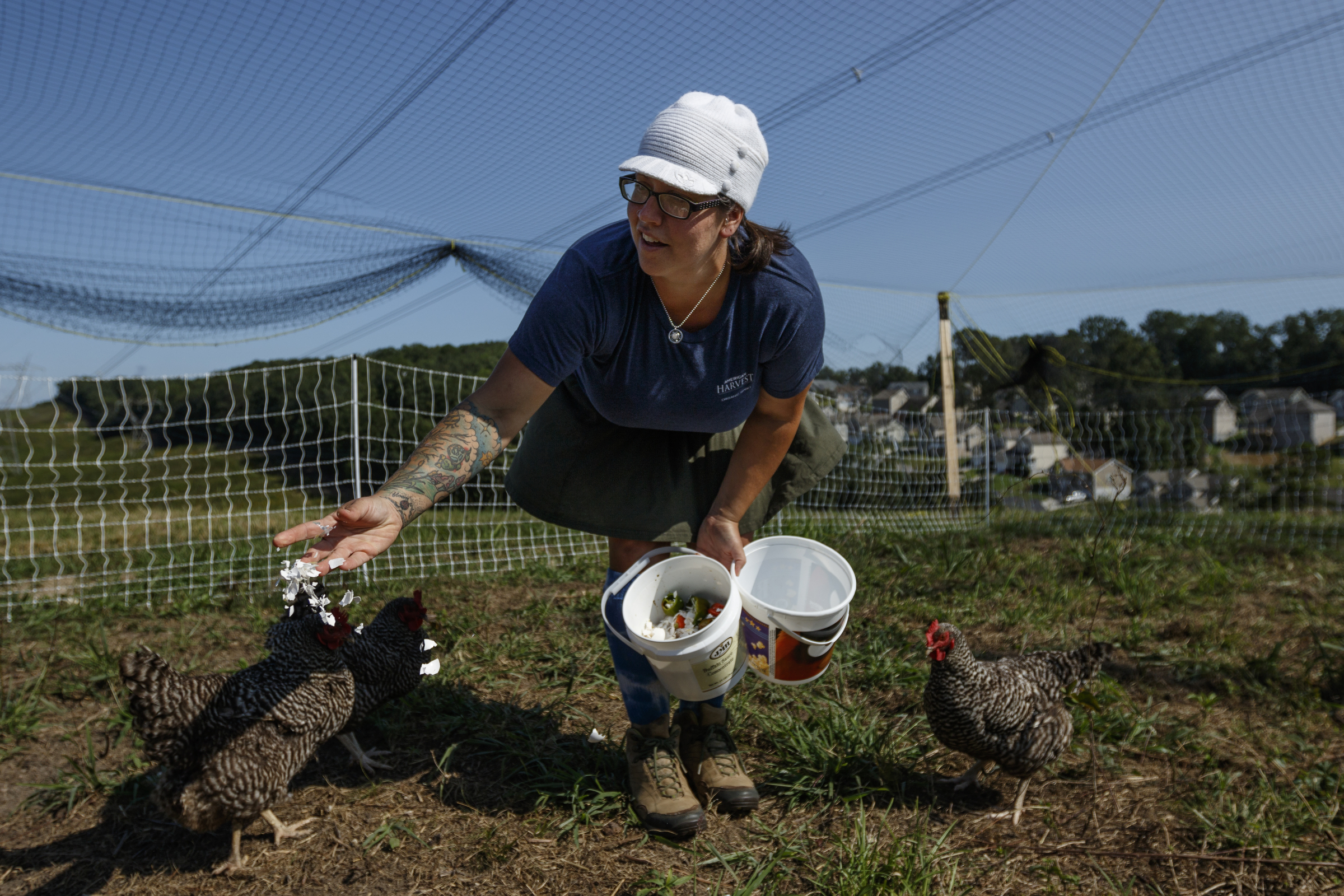 Jessie Gantt-Temple feeds chickens on the farm she runs with her husband Robert Temple on Friday, Sept. 8, 2017, in Soddy-Daisy, Tenn. The farm rotates the where their chickens are housed to help maintain sanitary conditions and prevent growth of infectious bacteria like salmonella.