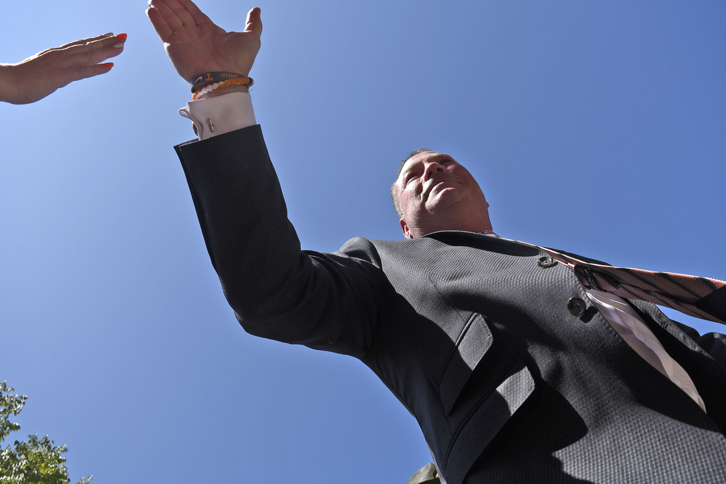 Tennessee head coach Butch Jones greets fans along the Vol Walk. The Indiana State Sycamores visited the University of Tennessee Volunteers at Neyland Stadium in NCAA football action of September 9, 2017.