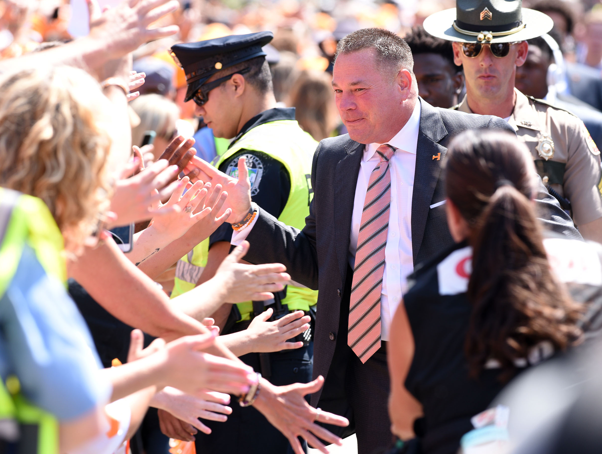 Tennessee head coach Butch Jones greets fans along the Vol Walk. The Indiana State Sycamores visited the University of Tennessee Volunteers at Neyland Stadium in NCAA football action of September 9, 2017.