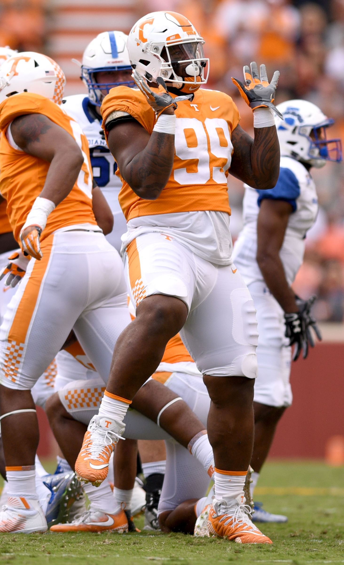 Tennessee's Reginald McKenzie Jr. (99) celebrates a tackle that held Indiana State on fourth down.
The Indiana State Sycamores visited the University of Tennessee Volunteers at Neyland Stadium in NCAA football action of September 9, 2017.