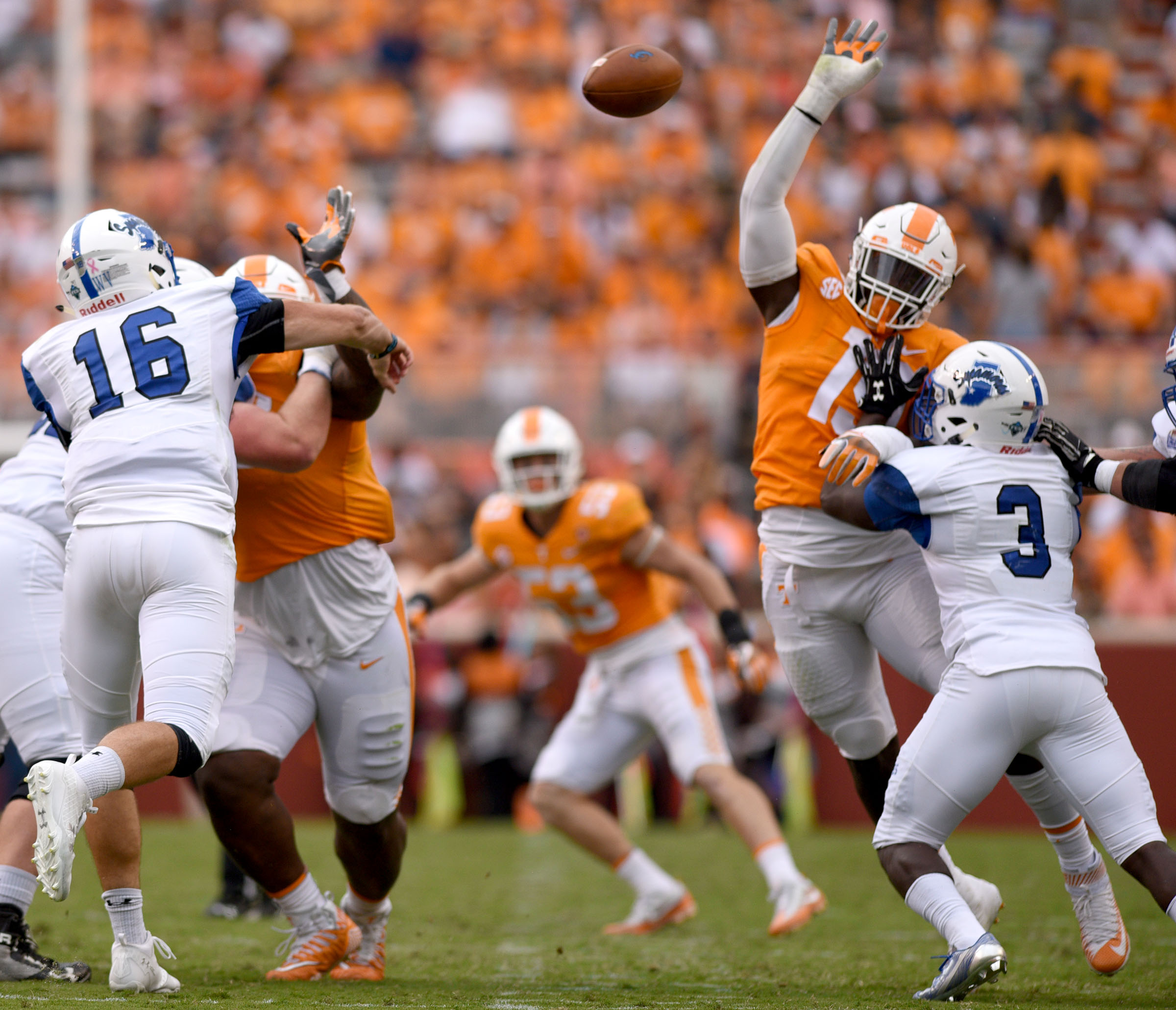 Tennessee's Darrell Taylor (19) blocks the pass of Indiana State quarterback Cade Sparks (16). The Indiana State Sycamores visited the University of Tennessee Volunteers at Neyland Stadium in NCAA football action of September 9, 2017.