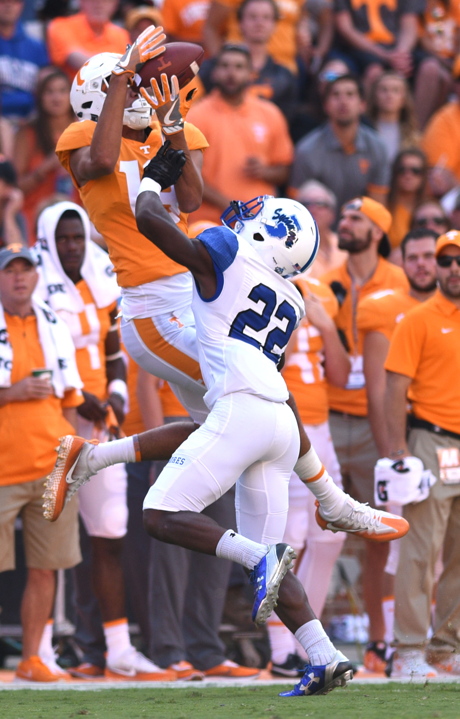 Tennessee's Jeff George (19) goes up for a pass over Indiana State's Corey Hicks (22). The Indiana State Sycamores visited the University of Tennessee Volunteers at Neyland Stadium in NCAA football action of September 9, 2017.