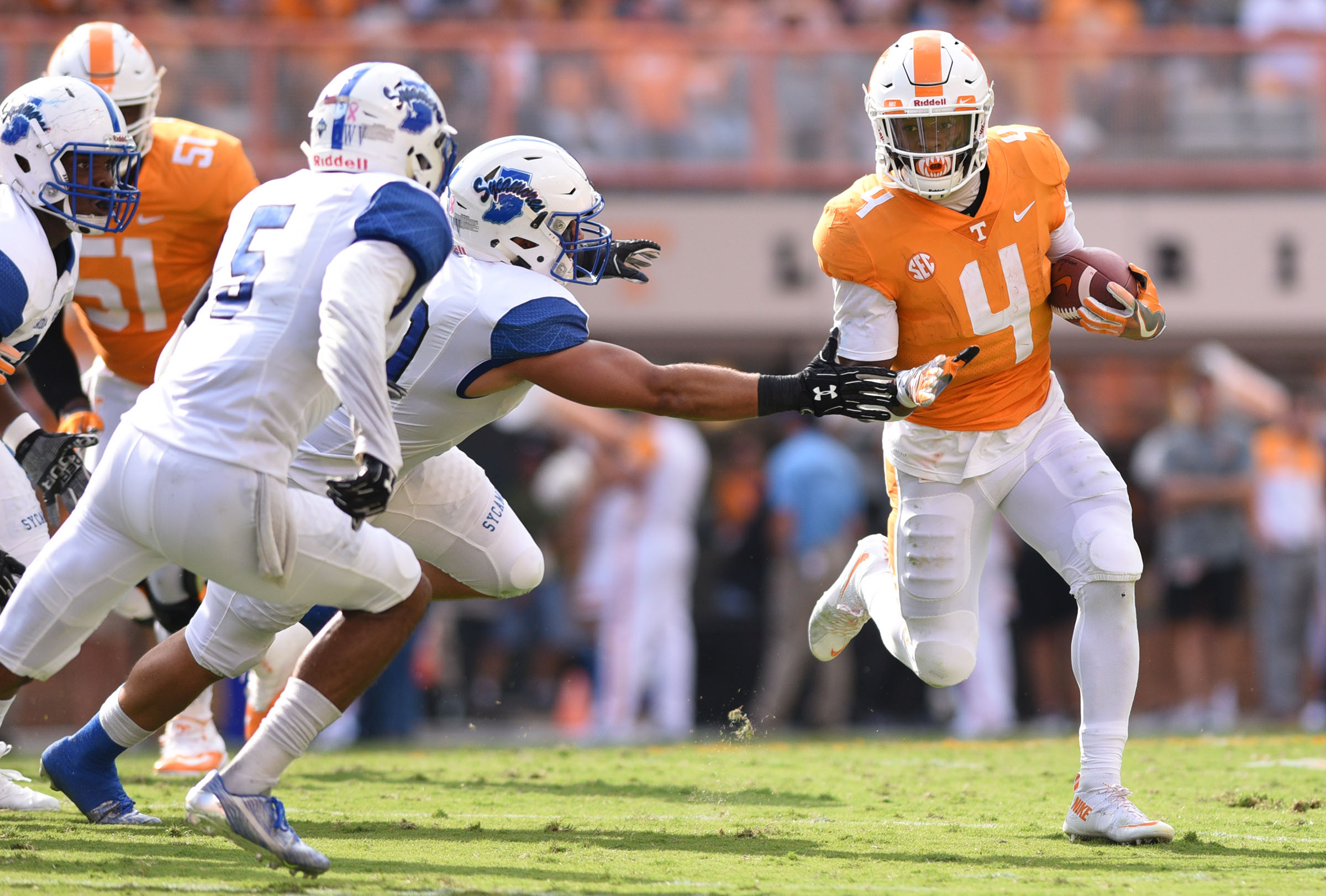 Tennessee's John Kelly (4) tries to get outside. The Indiana State Sycamores visited the University of Tennessee Volunteers at Neyland Stadium in NCAA football action of September 9, 2017.