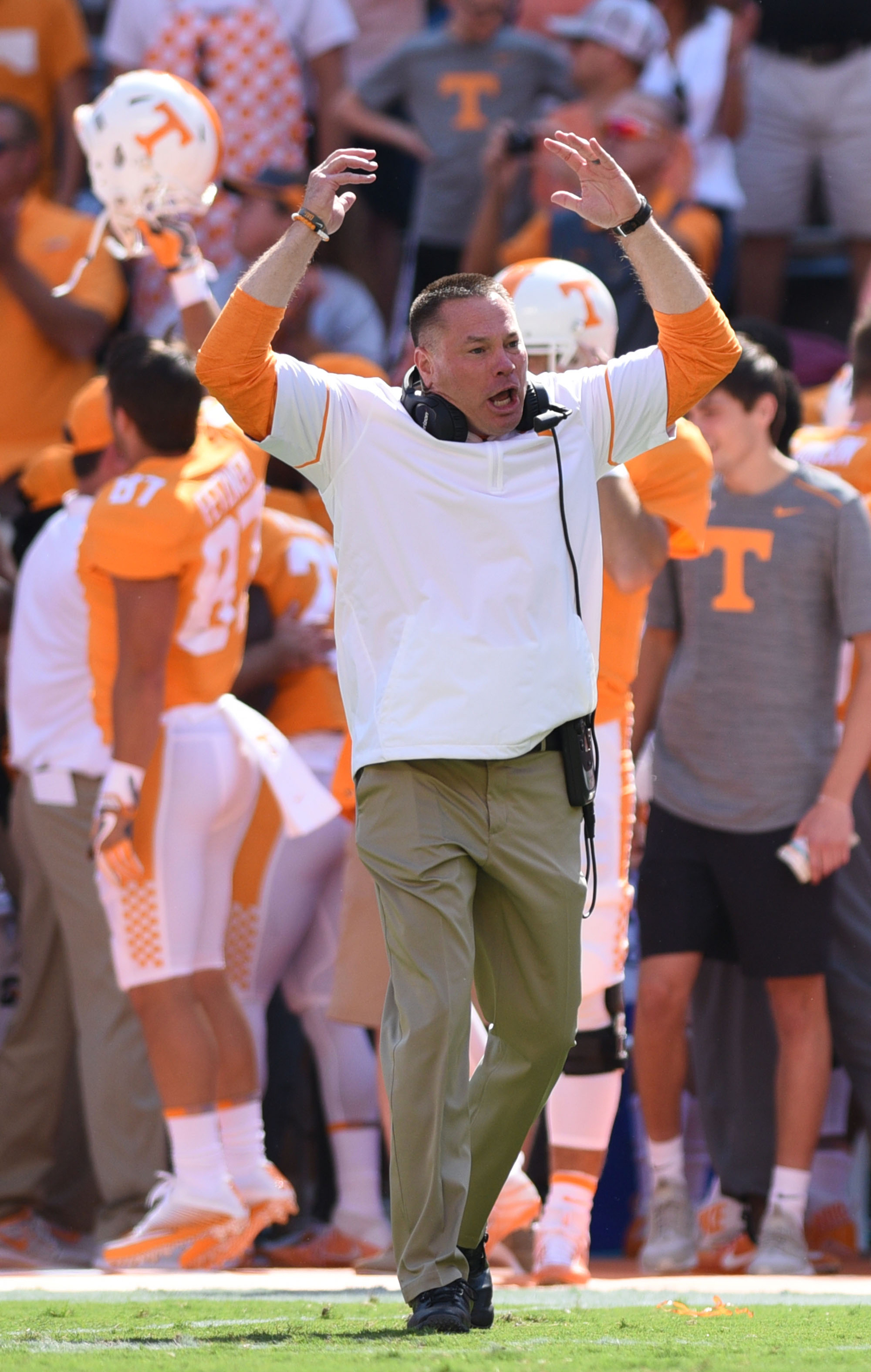Butch Jones cheers after Ty Chandler returned the opening kickoff for a touchdown. The Indiana State Sycamores visited the University of Tennessee Volunteers at Neyland Stadium in NCAA football action of September 9, 2017.