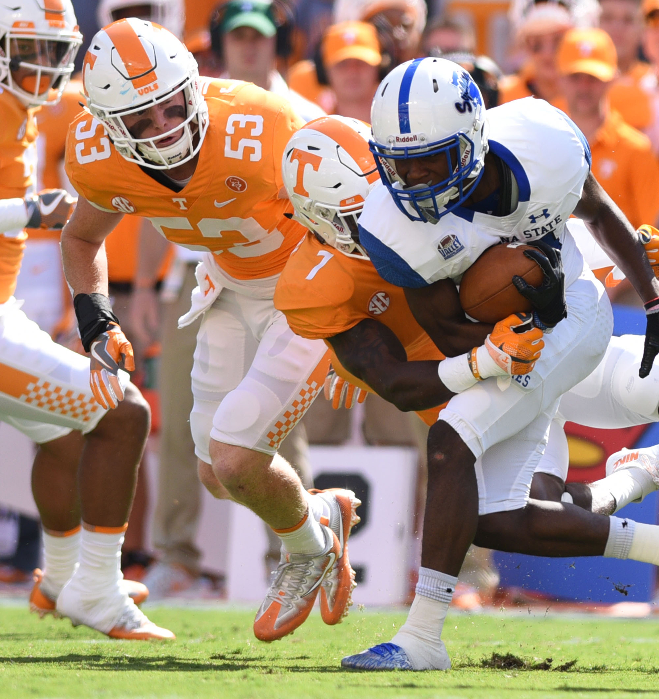 Tennessee's Rashaan Gaulden (7) brings down Indiana State's LeMonte Booker (6). Colton Jumper (53) moves in to assist. The Indiana State Sycamores visited the University of Tennessee Volunteers at Neyland Stadium in NCAA football action of September 9, 2017.