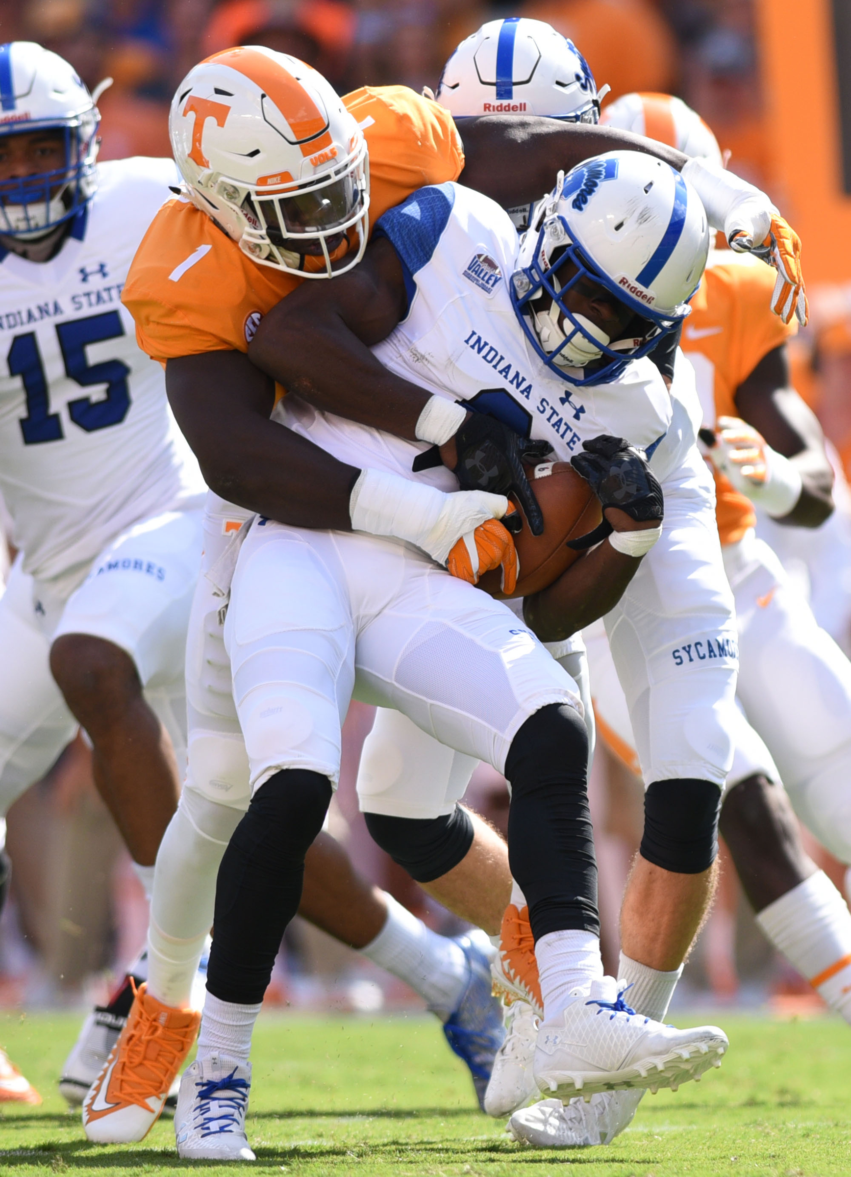 Tennessee's Jonathan Kongbo (1) stops Indiana States's LeMonte Booker (6) in the backfield. The Indiana State Sycamores visited the University of Tennessee Volunteers at Neyland Stadium in NCAA football action of September 9, 2017.