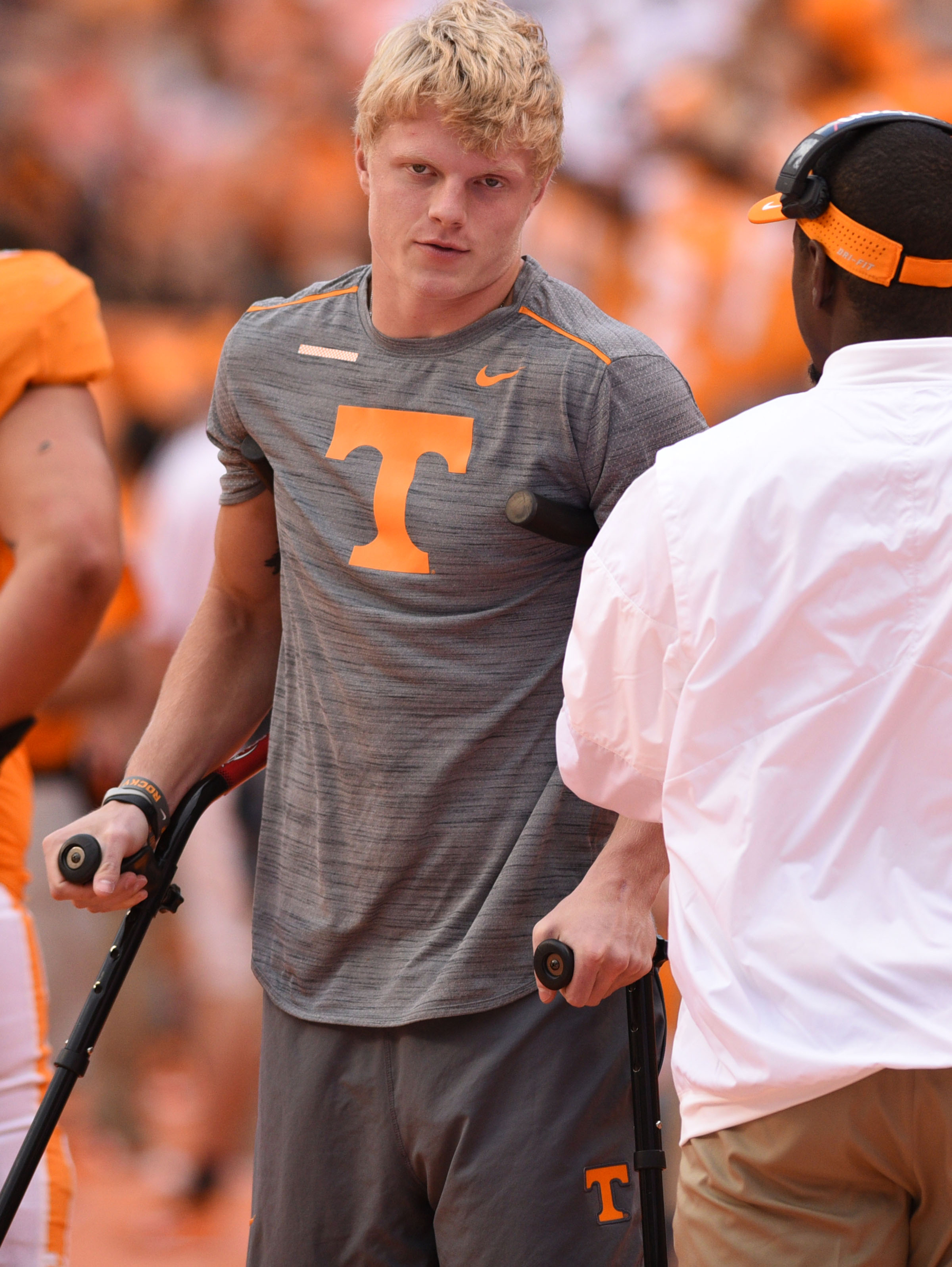 Tennessee's Eli Wolf returned to the field on crutches in the second half. The Indiana State Sycamores visited the University of Tennessee Volunteers at Neyland Stadium in NCAA football action of September 9, 2017.