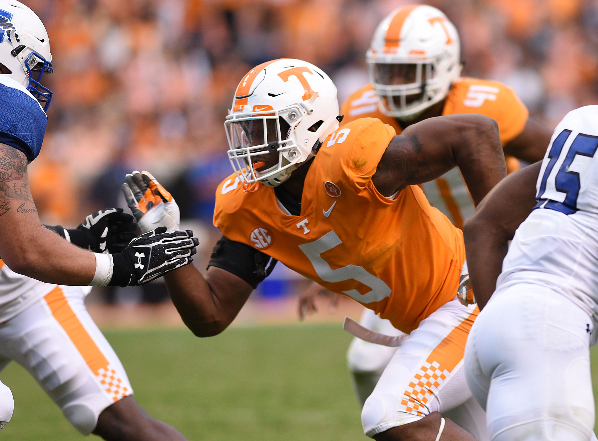 Tennessee's Kyle Phillips (5) plays at defensive end. The Indiana State Sycamores visited the University of Tennessee Volunteers at Neyland Stadium in NCAA football action of September 9, 2017.