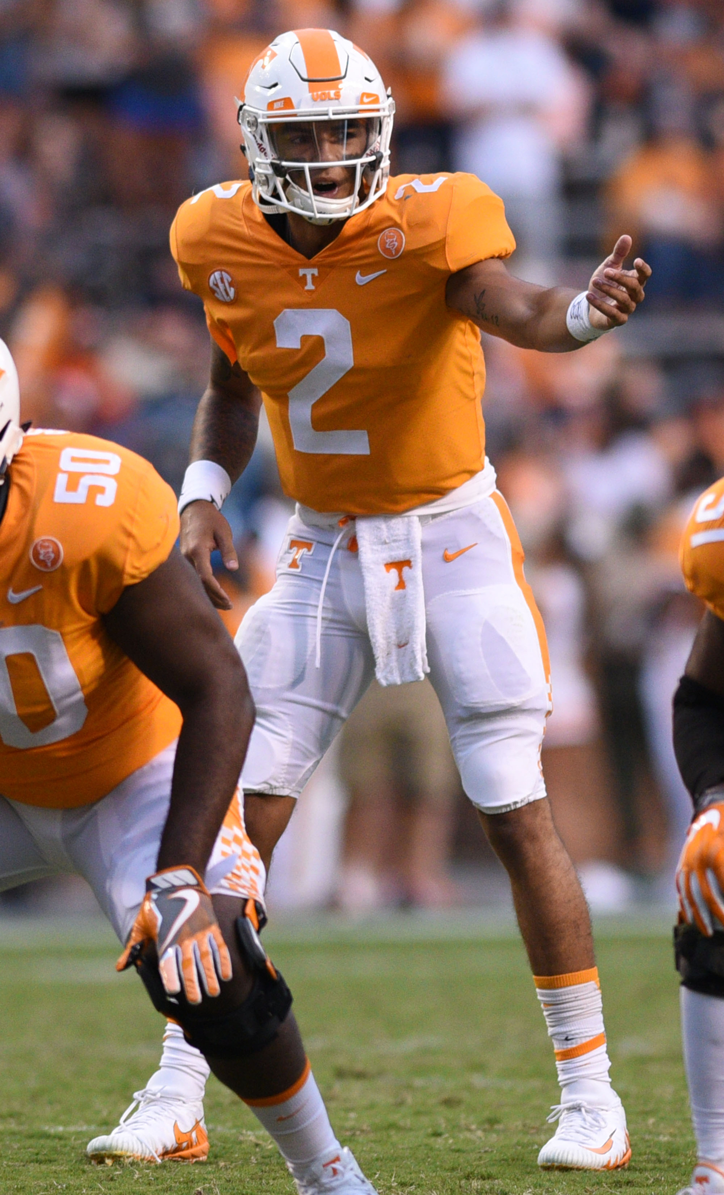 Tennessee quarterback Jarrett Guarantano (2) directs the offense. The Indiana State Sycamores visited the University of Tennessee Volunteers at Neyland Stadium in NCAA football action of September 9, 2017.