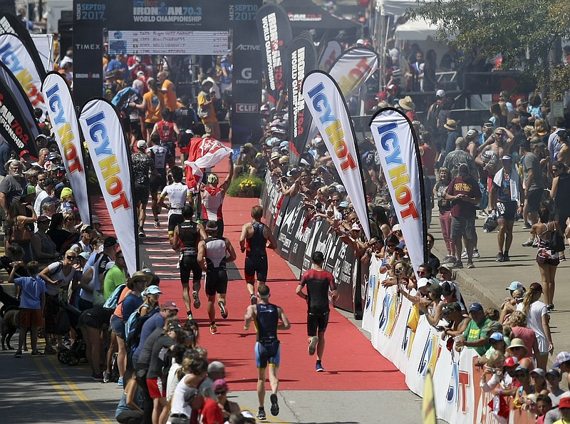 Athletes near the finish line of the Icy Hot Ironman 70.3 World Championship on Sunday, Sept. 10, in Chattanooga, Tenn.