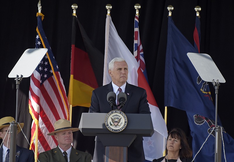 
              Vice President Mike Pence speaks during the service of remembrance tribute to the passengers and crew of United Flight 93 at the Flight 93 National Memorial in Shanksville, Pa., Monday, Sept. 11, 2017. (AP Photo/Fred Vuich)
            