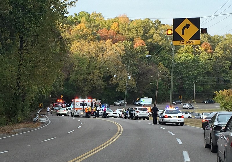 All lanes are blocked on Hixson Pike at Olde Towne Lane in the "S curves" after a multi-vehicle crash Wednesday, Oct. 26, 2016. 