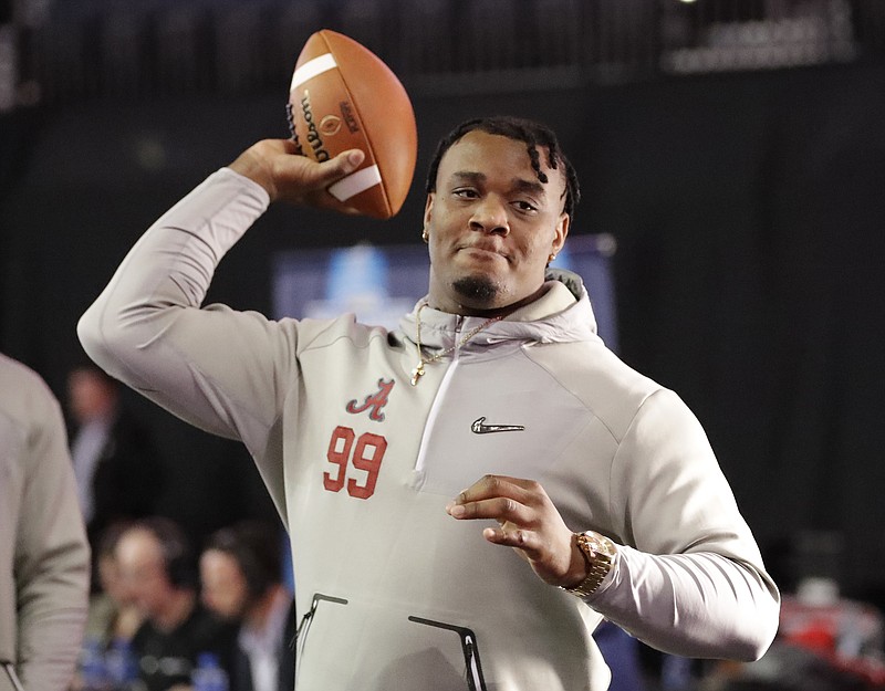 Alabama defensive lineman Raekwon Davis, shown in January before the Crimson Tide played Clemson in the national championship game, has nine tackles and a 10-yard sack through two games this season.