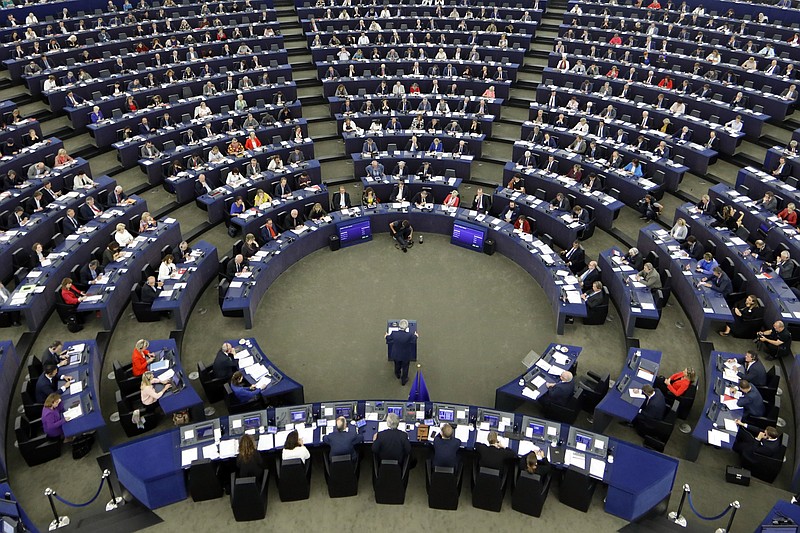 
              European Commission President Jean-Claude Juncker addresses the members of the European Parliament in Strasbourg, eastern France, to outline his reform plans for the European Union in the so-called State of the Union debate, Wednesday, Sept. 13, 2017. (AP Photo/Jean-Francois Badias)
            