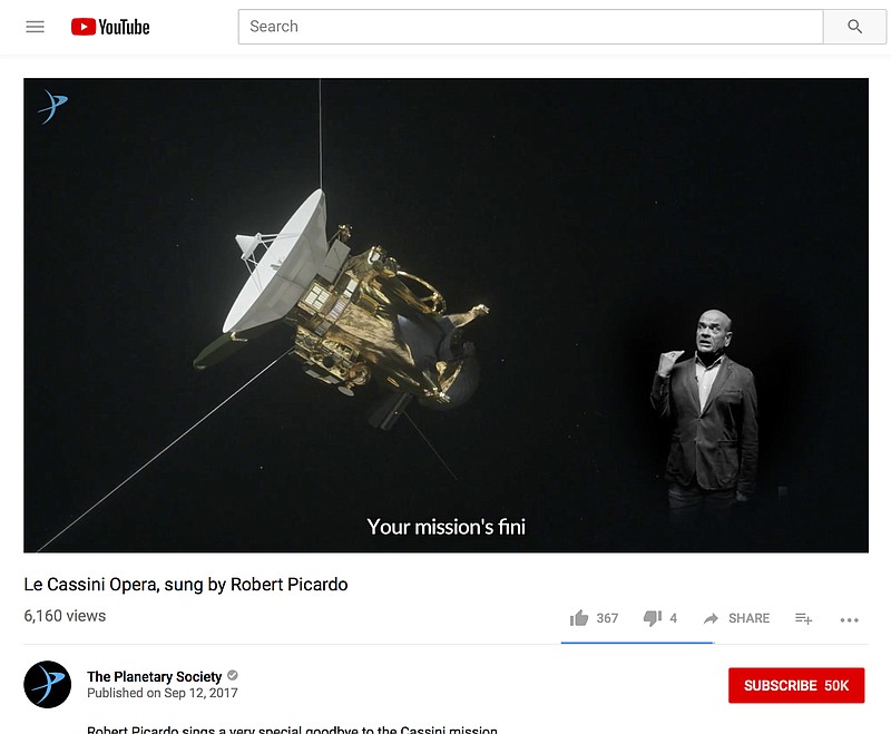 
              This image shows a frame from a video posted on YouTube by The Planetary Society on Sept. 12, 2017, with actor Robert Picardo singing an operatic ode to the Cassini spacecraft. The actor from TV’s old “Star Trek: Voyager” series says he dashed off the lyrics in about a minute, several weeks ago. (The Planetary Society via AP)
            
