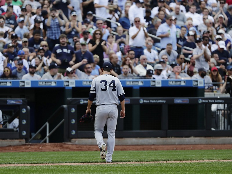 
              New York Yankees starting pitcher Jaime Garcia (34) leaves the game during the fifth inning of a baseball game against the Tampa Bay Rays Wednesday, Sept. 13, 2017, in New York. (AP Photo/Frank Franklin II)
            