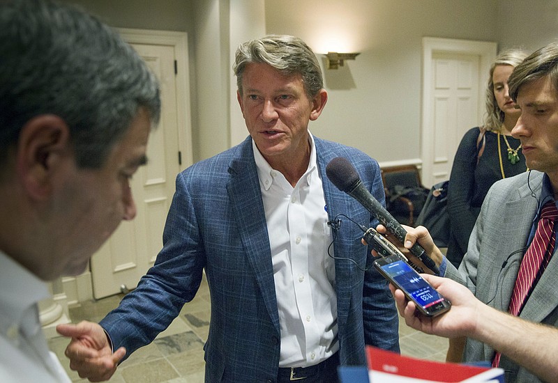 Businessman Randy Boyd speaks to reporters after a gubernatorial forum hosted by the Tennessee Business Roundtable in Nashville, Tenn., on Tuesday, Sept. 12, 2017. (AP Photo/Erik Schelzig)