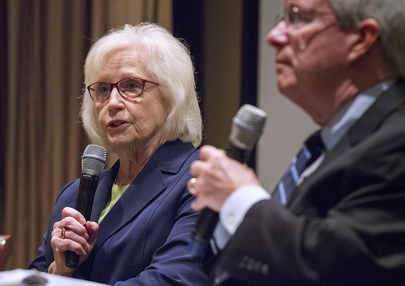 Former state Sen. Mae Beavers, R-Mt. Juliet, speaks at a gubernatorial forum hosted by the Tennessee Business Roundtable in Nashville, Tenn., on Tuesday, Sept. 12, 2017. (AP Photo/Erik Schelzig)