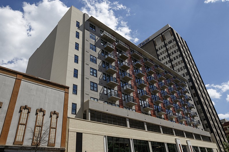 A new apartment building at 728 Market Street is seen on Thursday, Sept. 7, 2017, in Chattanooga, Tenn. The nearly-completed building will house 125 residential units.
