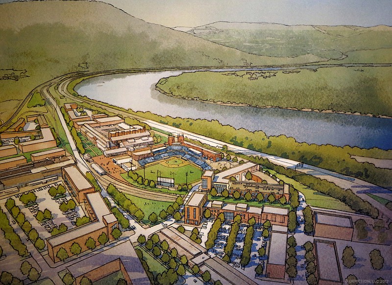 A photo of a rendering at a South Broad District planning meeting shows a potential new Lookouts stadium in the center of current foundry property surrounded by possible new development.