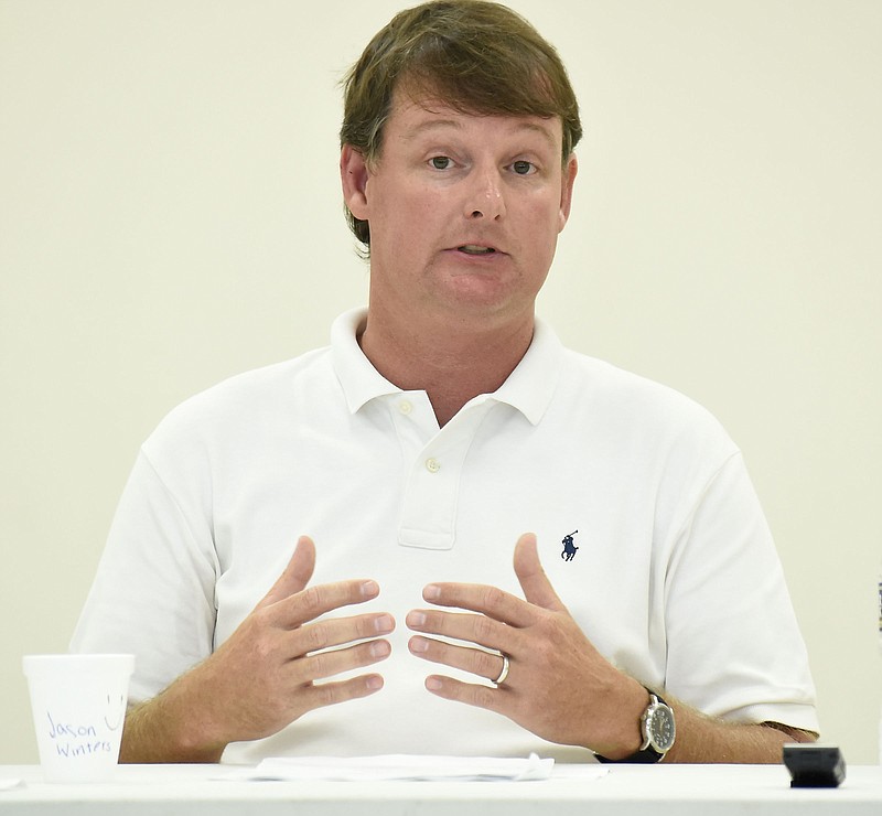 Staff Photo by Robin Rudd Chattooga County Commissioner Jason Winters makes a point. Chattooga County Commissioner Jason Winters held a hearing to announce a property tax increase and ask for citizen's input on August 7, 2017 at the Chattooga County Civic Center in Summerville.