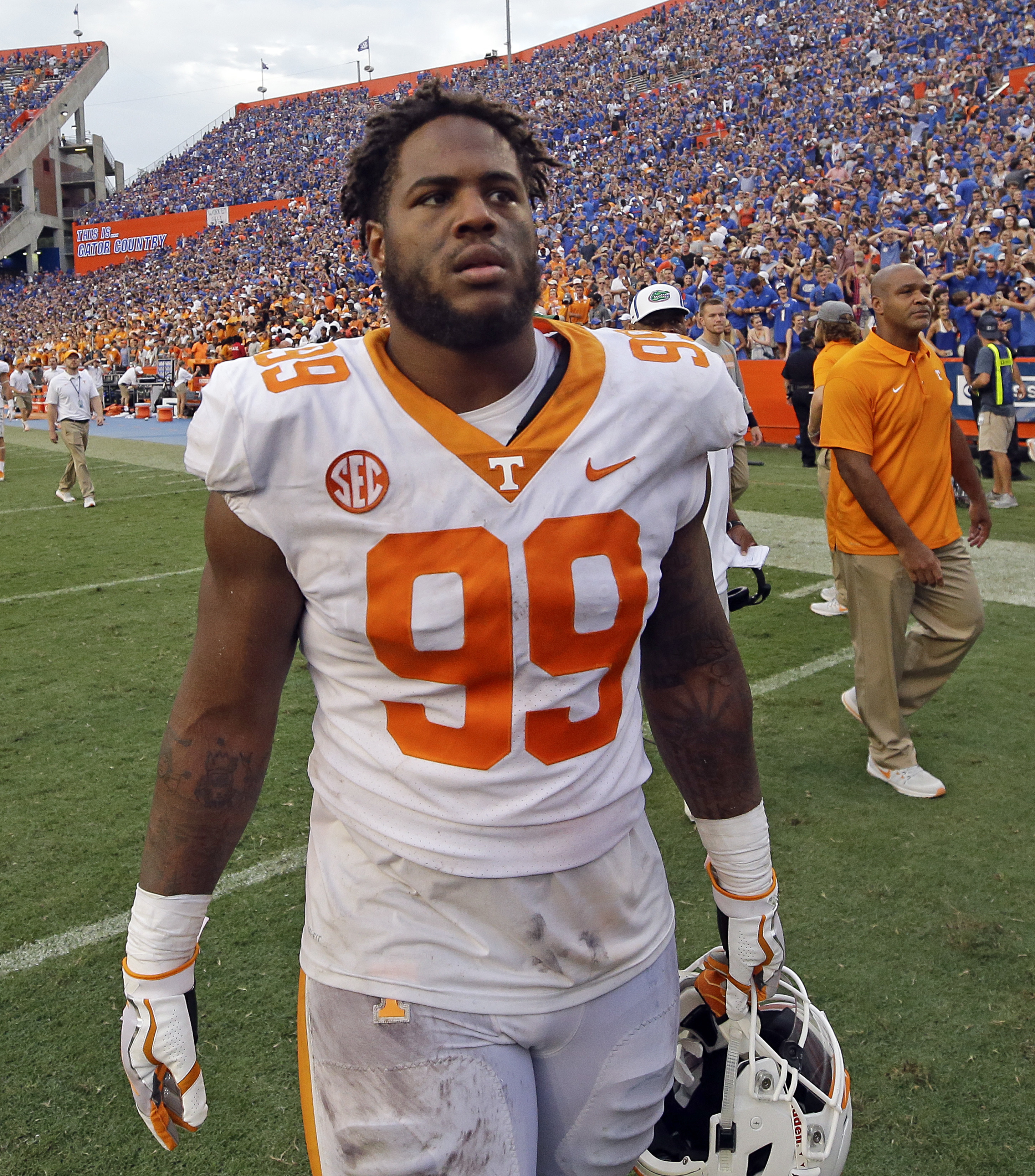 Tennessee defensive lineman Reginald McKenzie Jr. walks off the field after a 26-20 loss to Florida in an NCAA college football game, Saturday, Sept. 16, 2017, in Gainesville, Fla. Florida won 26-20. (AP Photo/John Raoux)