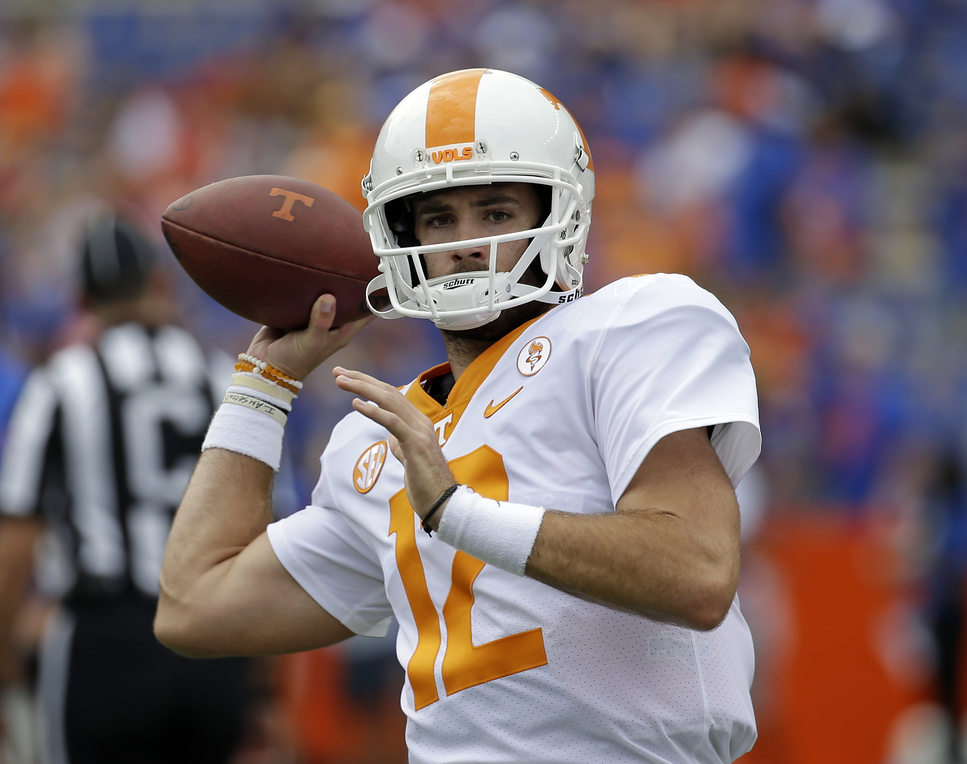 Tennessee quarterback Quinten Dormady warms up before an NCAA college football game against Florida, Saturday, Sept. 16, 2017, in Gainesville, Fla. (AP Photo/John Raoux)