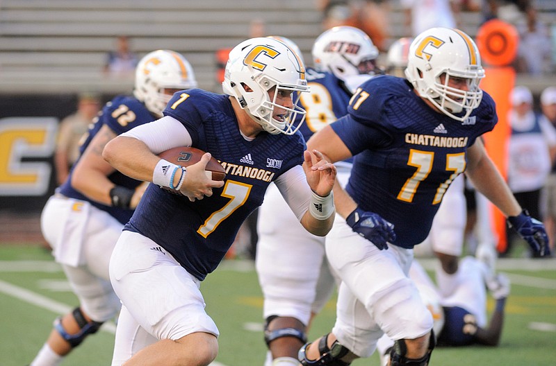 UTC quarterback Nick Tiano, with ball, was sacked five times in Saturday's home loss to UT-Martin. The Mocs finished with negative-17 rushing yards, their worst performance on the ground in 17 years.