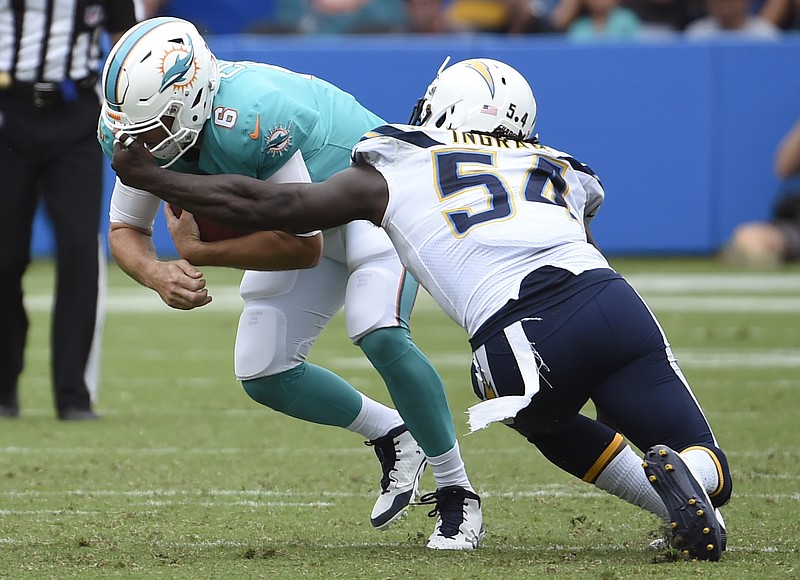 
              Los Angeles Chargers outside linebacker Melvin Ingram gets a hand on the facemark of Miami Dolphins quarterback Jay Cutler as he hauls him down during the first half of an NFL football game Sunday, Sept. 17, 2017, in Carson, Calif. (AP Photo/Denis Poroy)
            