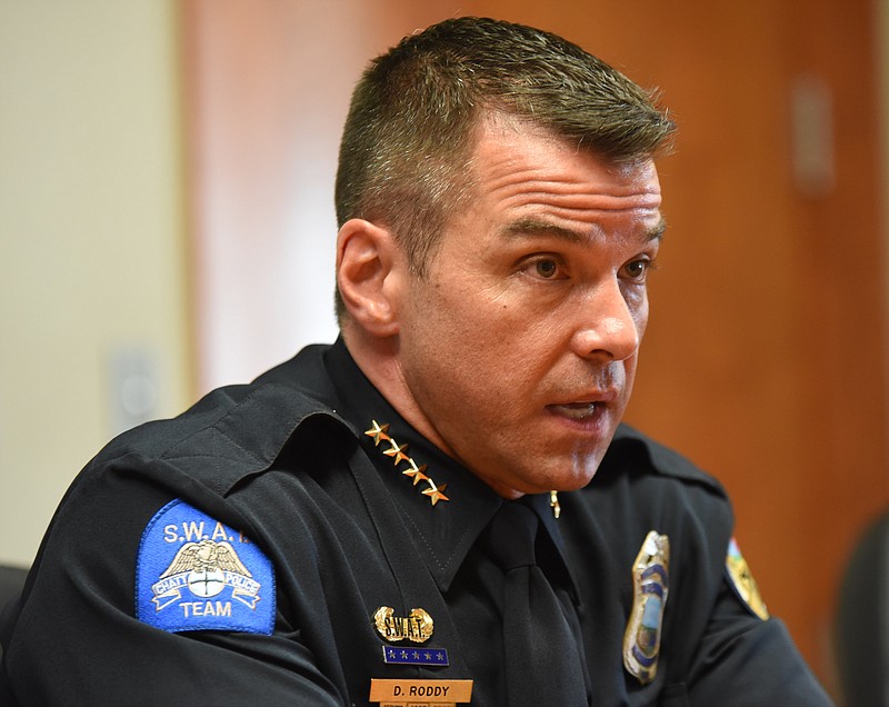 Chattanooga Police Chief David Roddy talks to the Times Free Press editorial board. Assistant Chief's Danna Vaughn, left, Edwin McPherson and Eric Tucker sat alongside the recently appointed leader of the city's law enforcement ranks.