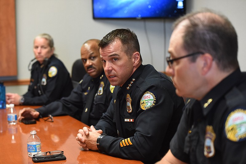 Chattanooga Police Chief David Roddy, second from right,  talks to the Times Free Press editorial board. Assistant Chief's Danna Vaughn, left, Edwin McPherson and Eric Tucker sat alongside the recently appointed leader of the city's law enforcement ranks.