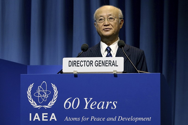 
              CORRECTS DATE - Director General of the International Atomic Energy Agency, IAEA, Yukiya Amano of Japan delivers a speech during the opening of the general conference of the IAEA, in Vienna, Austria, Monday, Sept. 18, 2017. (AP Photo/Ronald Zak)
            