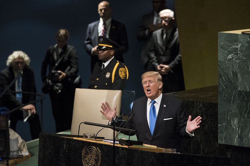 President Donald Trump addresses the United Nations General Assembly at the United Nations headquarters in New York on Tuesday.