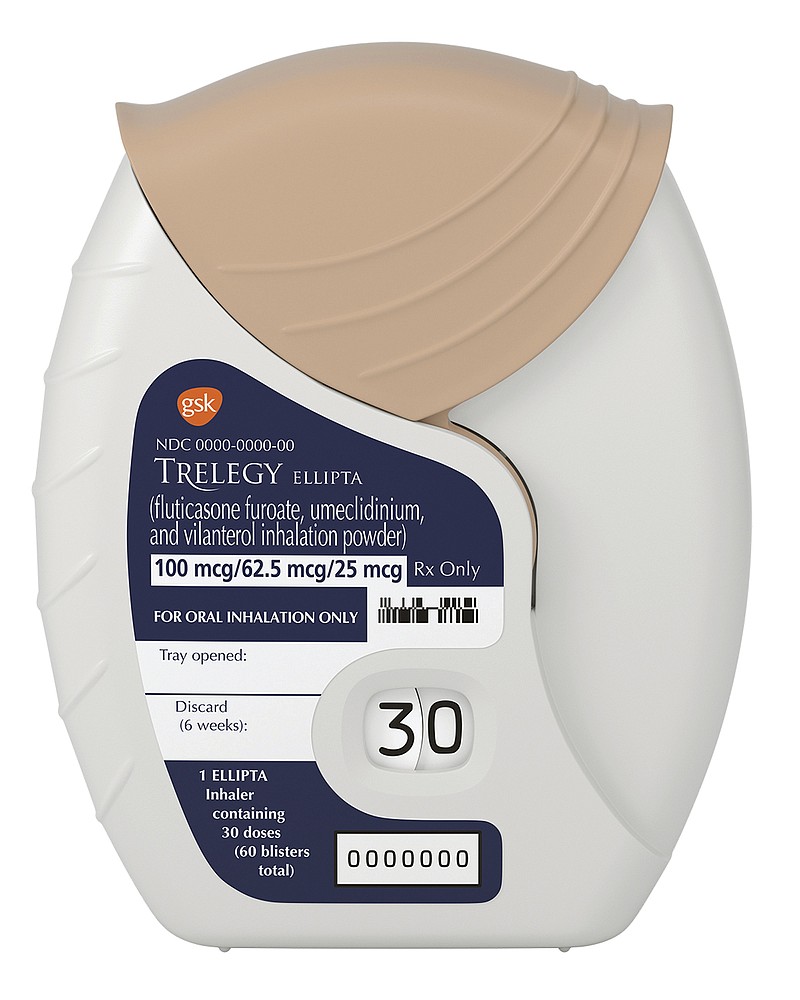 
              This photo provided by GlaxoSmithKline PLC shows the company's Trelegy Ellipta inhaler. Late Monday, Sept. 18, 2017, the Food and Drug Administration approved the product, which is the first inhaler that combines three medicines to ease breathing in patients with emphysema or chronic bronchitis. (GlaxoSmithKline PLC via AP)
            
