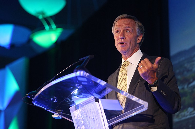 Tennessee Gov. Bill Haslam speaks during the 76th annual Meeting and Luncheon of the Chattanooga Convention and Visitors Bureau at the Chattanooga Convention Center Wednesday, Sept. 20, 2017, in Chattanooga, Tenn. Haslam talked about the tourism and hospitality industry's force as an economic driver throughout Hamilton County and Tennessee.