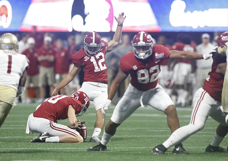 Alabama graduate transfer kicker Andy Pappanastos was 2-for-4 on field-goal attempts in the Crimson Tide's season-opening win over Florida State but hasn't missed since.