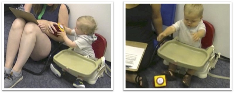
              This combination of undated images taken from video provided by Julia Anne Leonard shows a "handoff" of a baby handing the toy to the parent, left, or throwing the toy to the ground during a study conducted by researchers. Children around 15 months old can become more persistent in pursuing a goal if they’ve just seen an adult succeed after struggling, a new study says. The results suggest “the potential value in letting children ‘see you sweat:’ Showing children that hard work might encourage them to work hard too,” researchers conclude in a report released Thursday, Sept. 21, 2017, by the journal Science. (Julia Anne Leonard via AP)
            