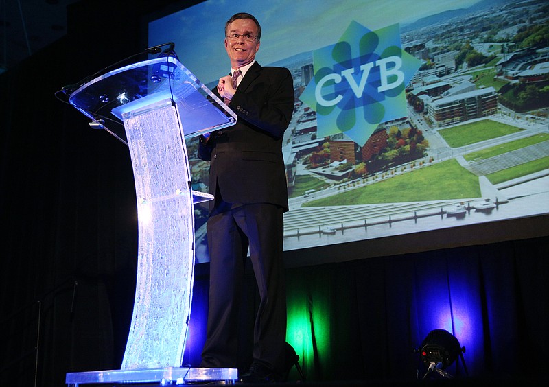 Bob Doak, CVB President and CEO, delivers the State of the Tourism Industry address during the 76th annual Meeting and Luncheon of the Chattanooga Convention and Visitors Bureau at the Chattanooga Convention Center Wednesday, Sept. 20, 2017, in Chattanooga, Tenn. Doak will be retiring in February. 