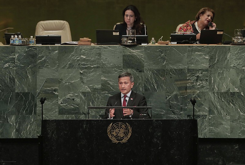 
              Singapore's Minister of Foreign Affairs Vivian Balakrishnan speaks during a the 72nd session of the United Nations General Assembly, Saturday, Sept. 23, 2017, at U.N. headquarters. (AP Photo/Julie Jacobson)
            