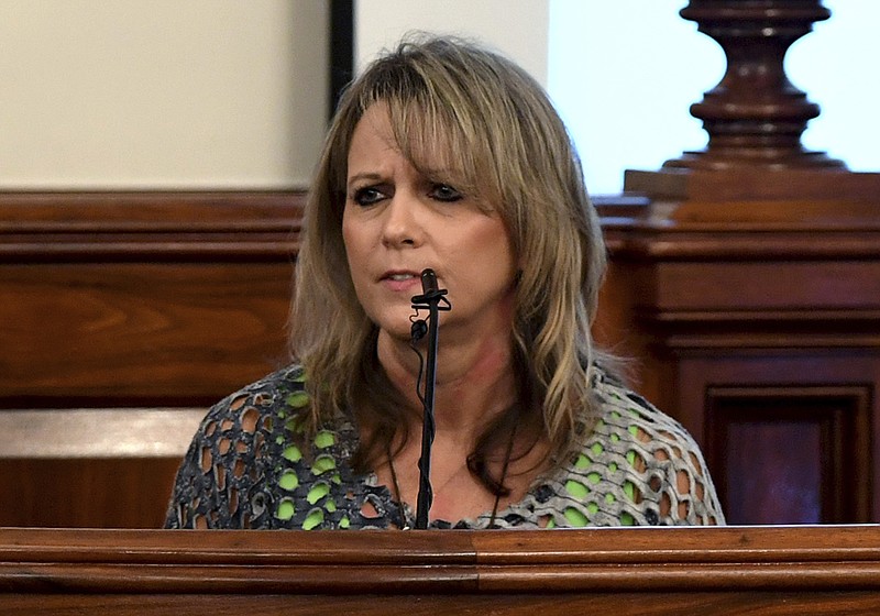 
              Karen Bobo speaks to Zach Adams during the victim impact statement during the penalty phase of the Holly Bobo murder trial, Saturday, Sept. 23, 2017 in Savannah, Tenn.  Adams, 33, avoided a possible death penalty by agreeing to a sentence of life in prison plus 50 years.   A Hardin County jury convicted Adams on Friday of kidnapping, raping and murdering Holly Bobo in 2011.  (Kenneth Cummings/The Jackson Sun via AP, Pool)
            