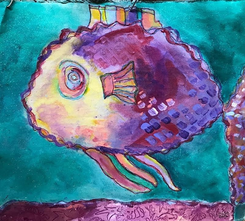 The late Bobbie Crow's paintings represented her love of vibrant colors and bold shapes, as shown in this fish. Her personal favorites included evocative abstract images and paintings of angels and animals.
