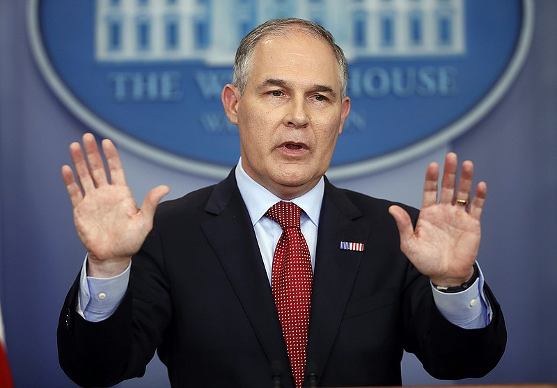 FILE - In this June 2, 2017, file photo, EPA Administrator Scott Pruitt speaks to the media. The Trump administration is taking steps to roll back an Obama administration policy that protected more than half the nation's streams from pollution. (AP Photo/Pablo Martinez Monsivais, File)